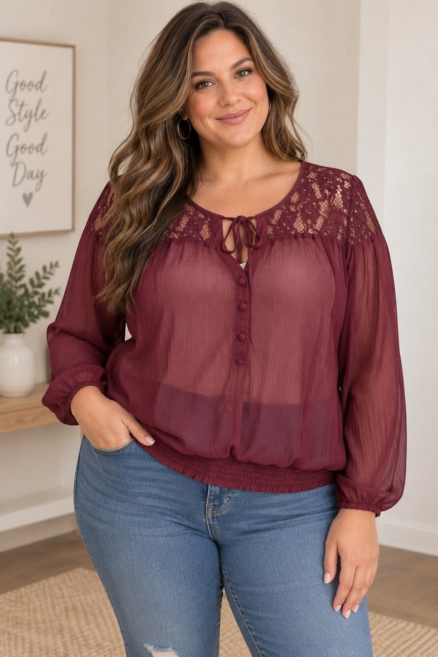 Torrid Womens Size 2 18-20 2X Plus Size Purple Long Sleeve Sheer Neckline Blouse